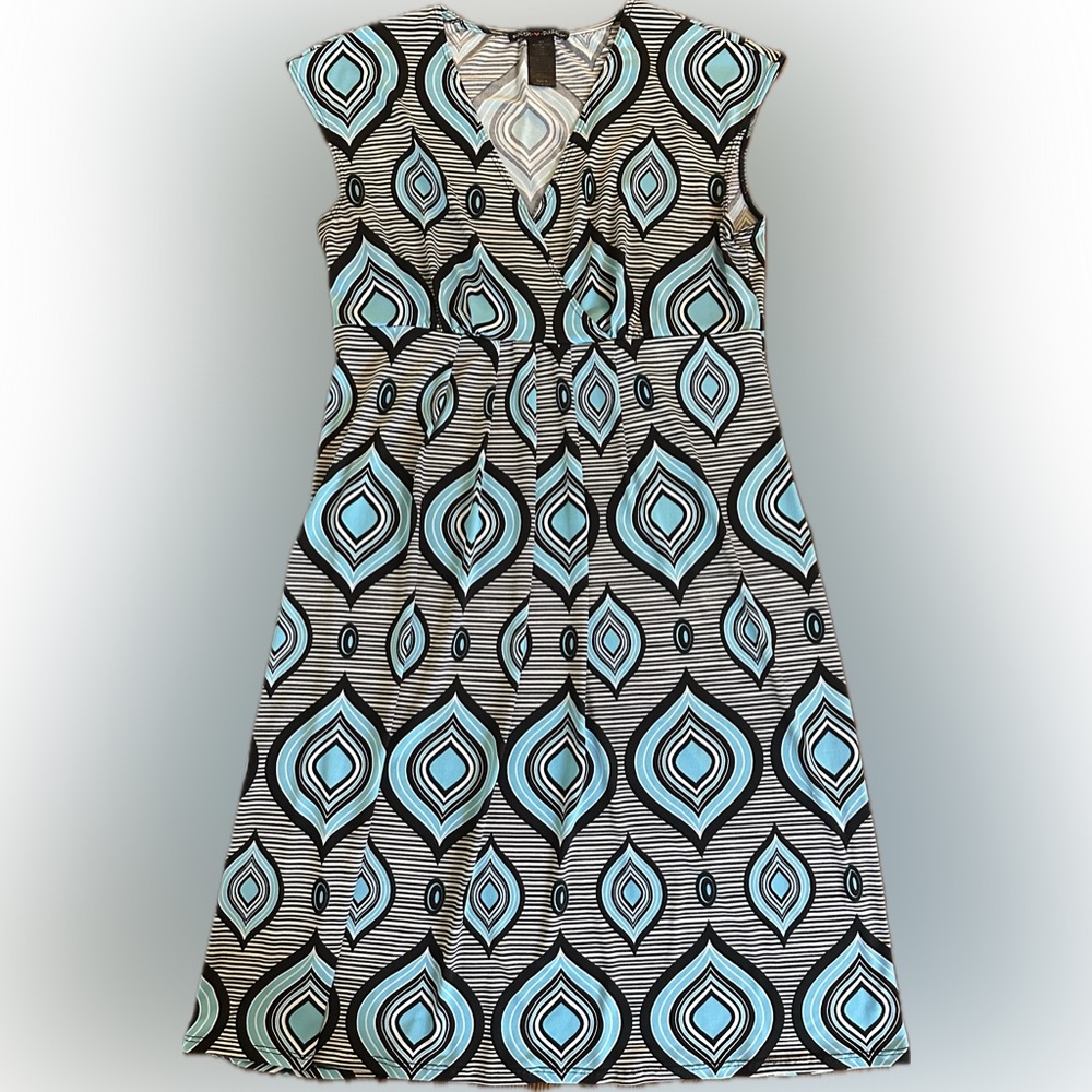 Black, Aqua and White Mod Pattern A-Line V-Neck Dress